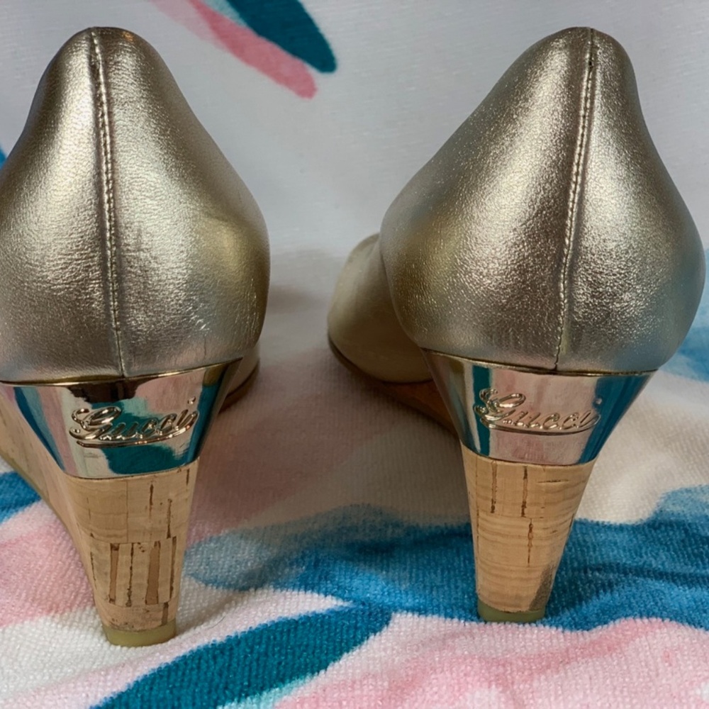 Gucci Gold Wedge Heels in size 9.5 With Box & Bag